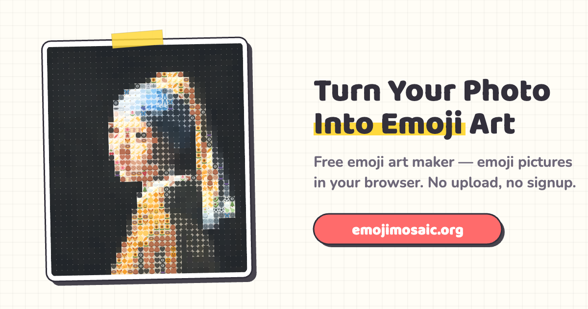 A photo of Vermeer's Girl with a Pearl Earring rebuilt as an emoji mosaic, next to the words Turn Your Photo Into Emoji Art